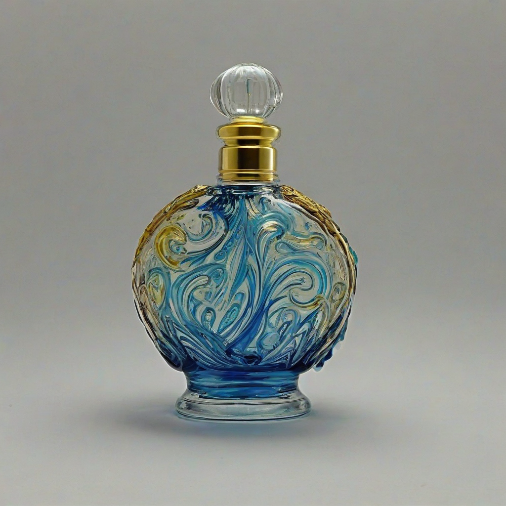 Fancy, decorative, multicolored glass perfume bottle with swirling patterns of blue and gold, on a plain white background, even lighting