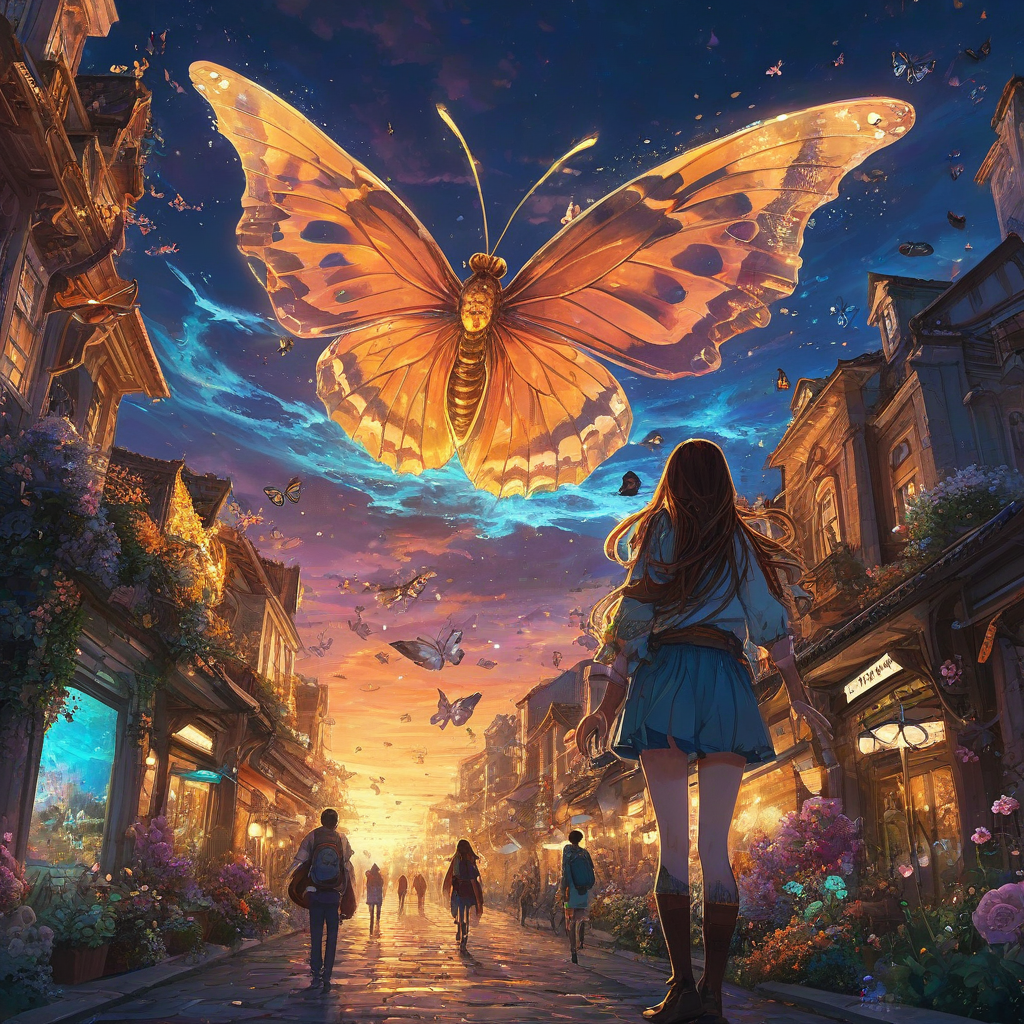 Gigantic bioluminescent butterfly, mid-wing flap, soars over vibrant anime city, golden hour, people look up, one offers flower, Marc Simonetti style