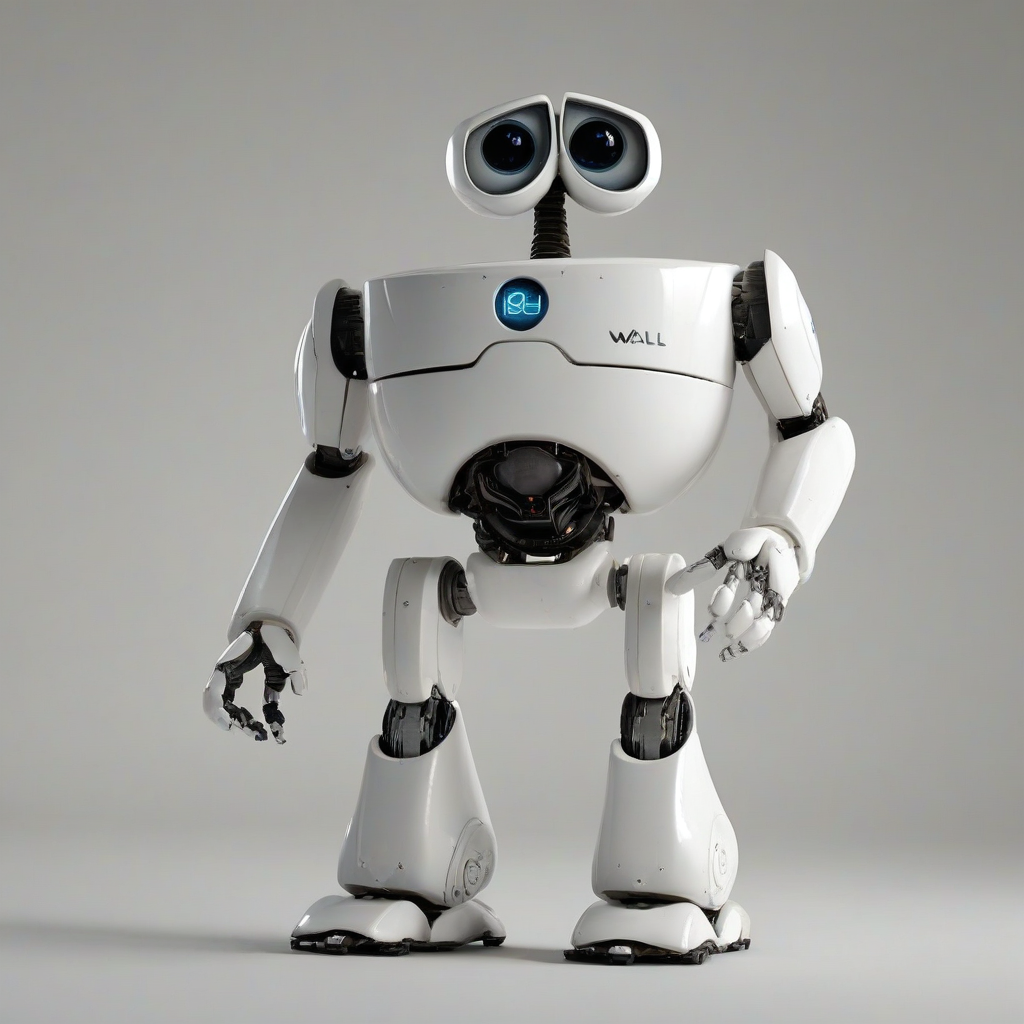 Eve the white robot from the movie Wall-E, standing on a plain white background with even lighting, with a sleek, rounded body that is egg-shaped, with no neck or legs, and sleek arms with no visible joints.