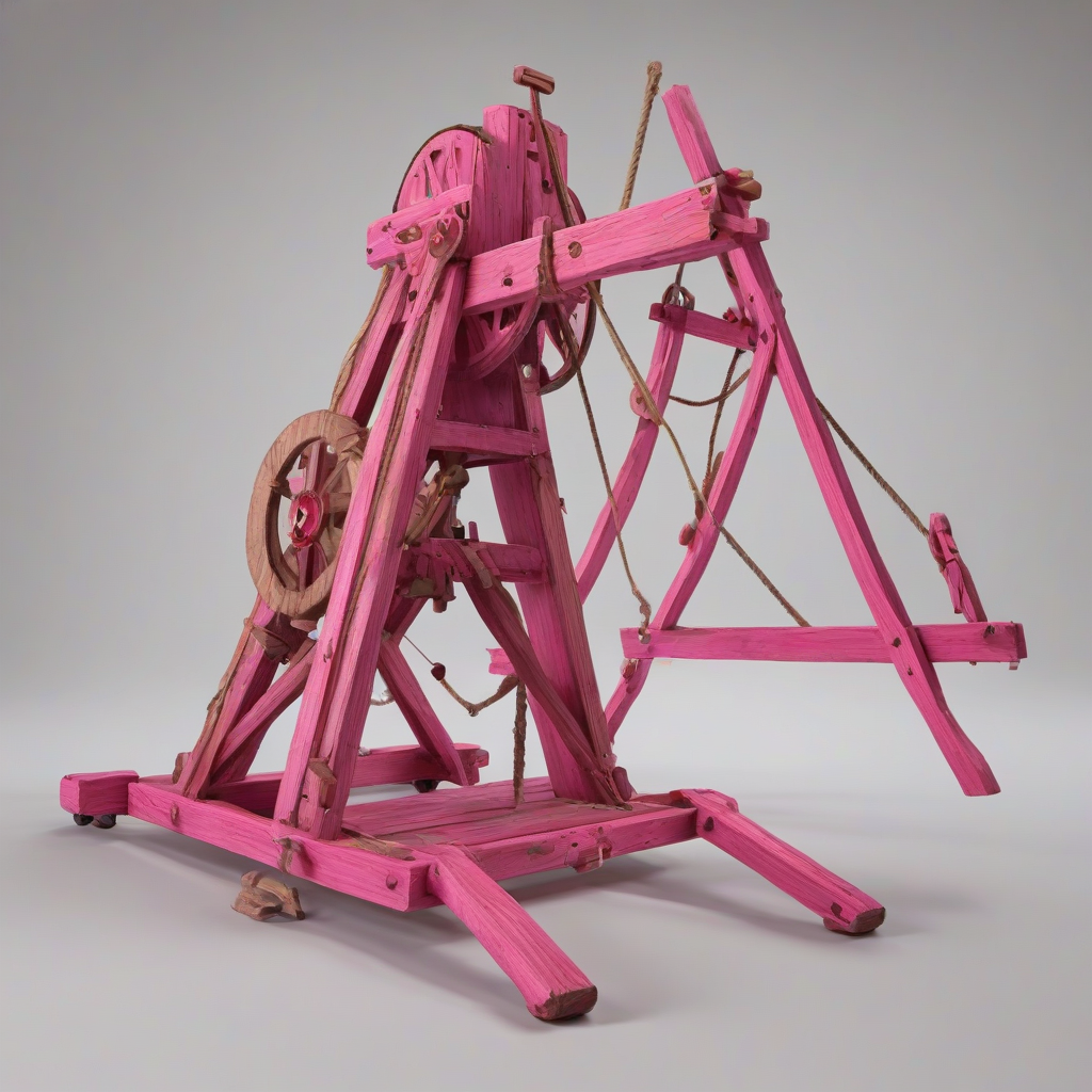 A medieval siege weapon, such as a catapult or trebuchet, painted entirely pink, with a wide shot view of the entire machine, including its wooden frame and ropes, set against a plain white background, with a bright and colorful style, reminiscent of a fantasy illustration, with dynamic shadows and a sense of texture and detail, and the machine is in a state of readiness for battle, with a sense of tension and anticipation, on a plain white background, even lighting 