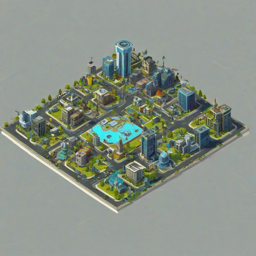 futuristic town, on a square grid for an isometric game asset, on a plain white background, even lighting