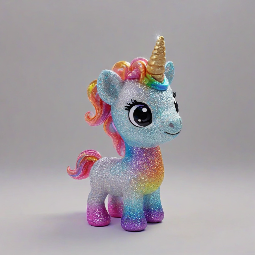 cartoon animation style, lovable, cute, brightly colored unicorn, short body, rounded features, sweet expression on its face, body shape like a unicorn, and a sparkly aura, bright lighting, on a plain white background, even lighting
