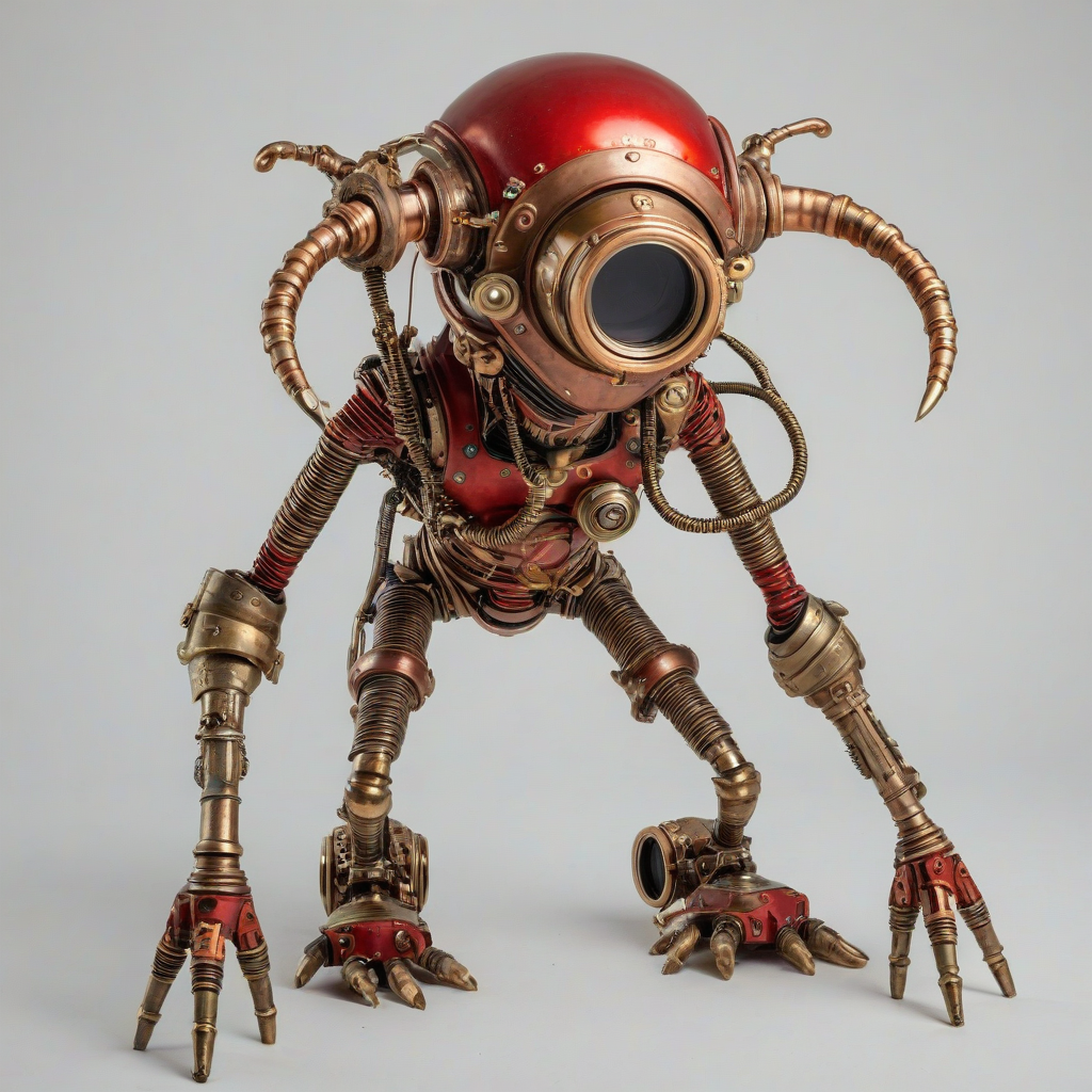 Full-body view of a red, steampunk alien on a plain white background, with brass goggles and copper pipes
