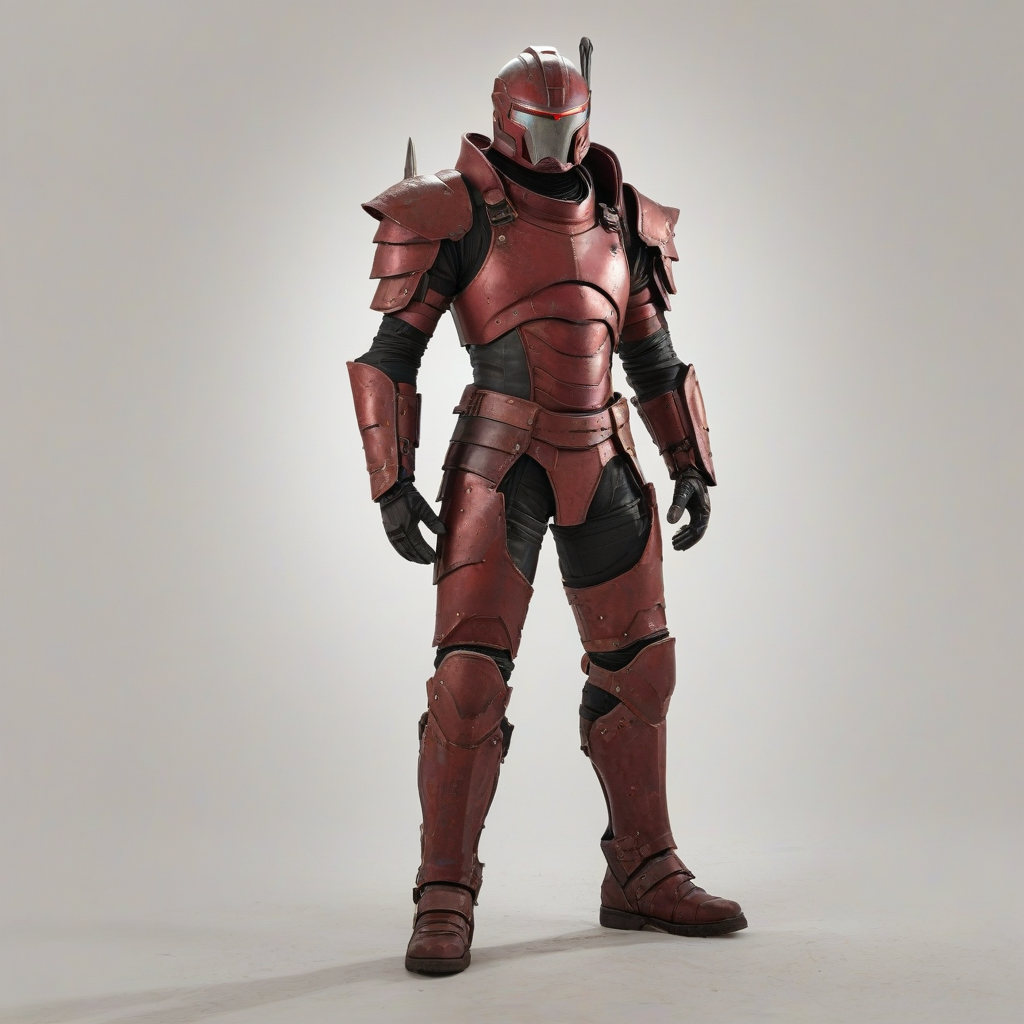 A full-body view of a piece of crimson, grunge-style armor, with a wide shot, on a plain white background, featuring a mix of metallic and leather textures, with visible scratches and worn details, in a digital art style with dynamic shadows and a hard rim light, on a plain white background, even lighting 