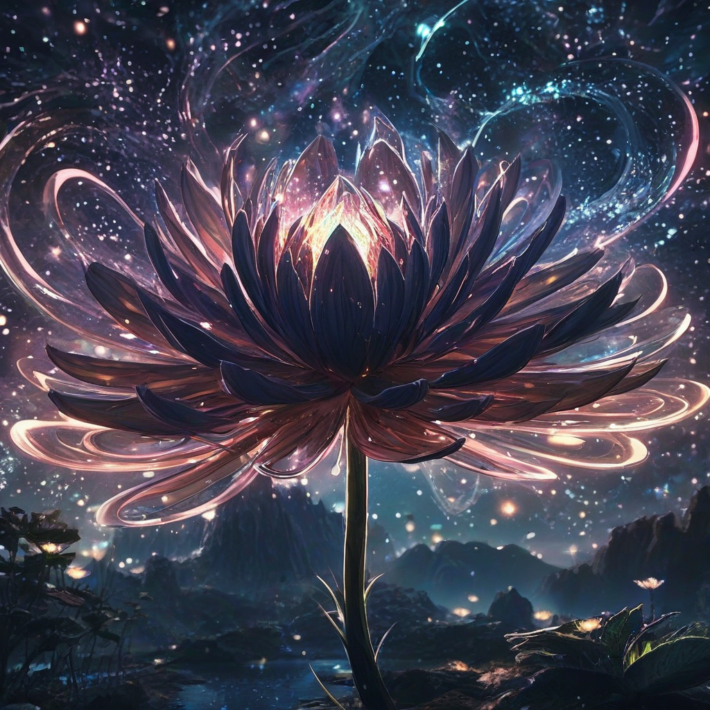 Anime magical flower at night, surrealist cosmic petals with magic swirls of light