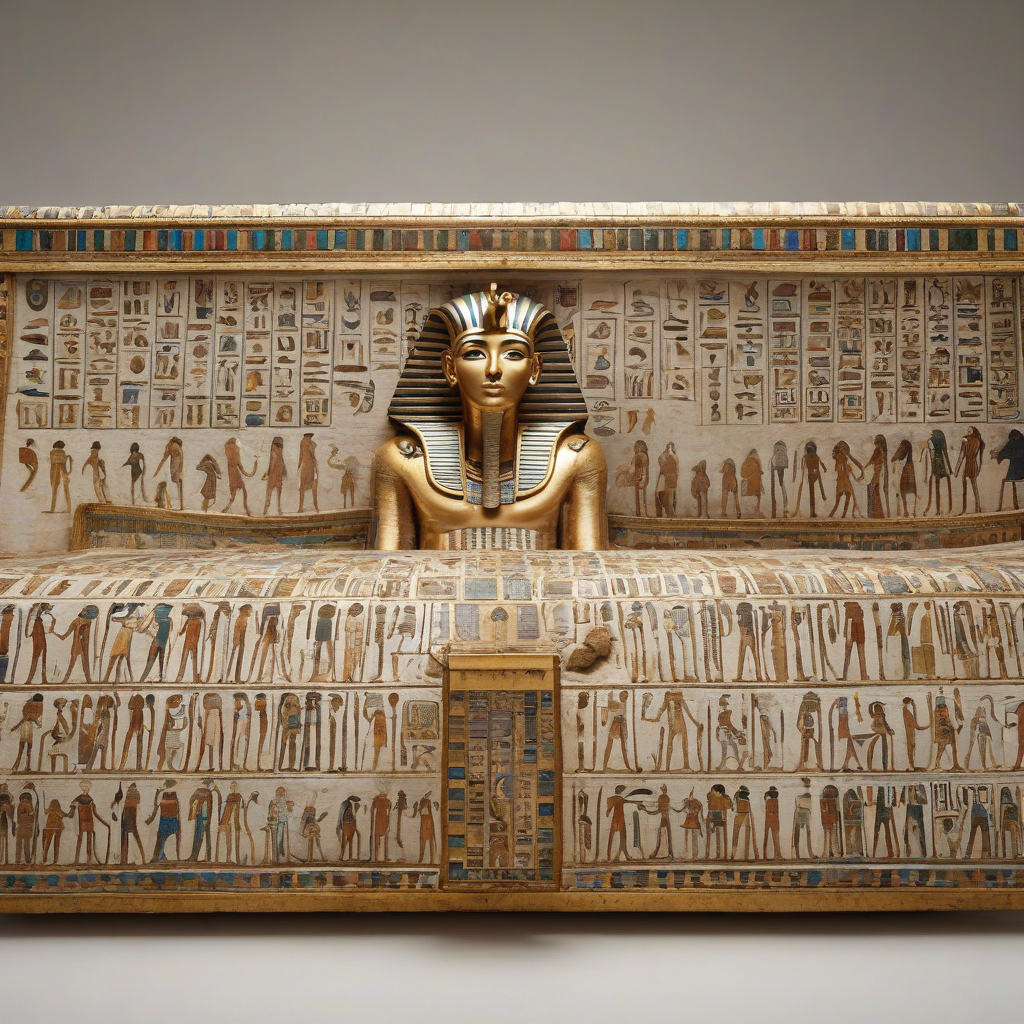 A highly detailed, full-body view of King Tut's sarcophagus, with intricate golden hieroglyphics and precious gems, on a plain white background, in the style of ancient Egyptian art, with a wide-angle shot and soft, natural lighting, on a plain white background, even lighting 