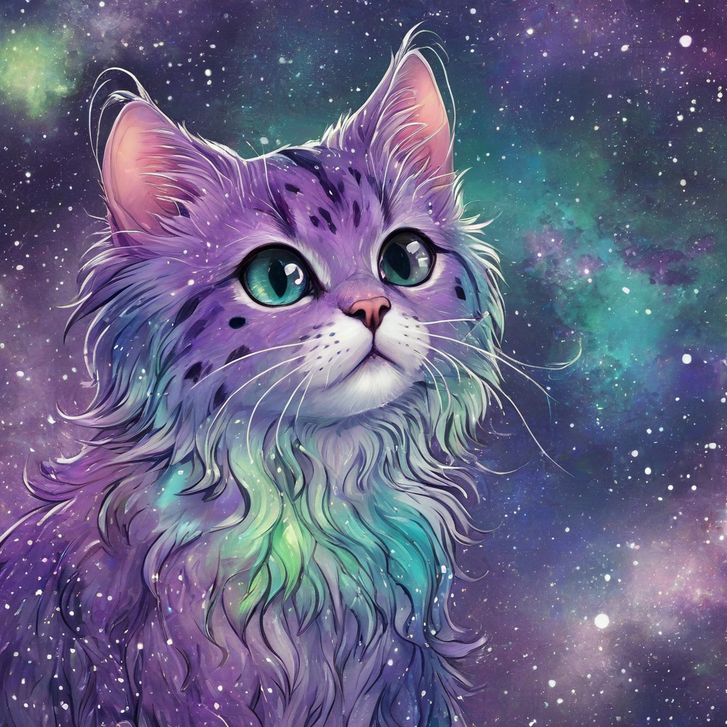 Fantasy anime astro cat with purple, green, and blue splotched fur and tiny white speckles