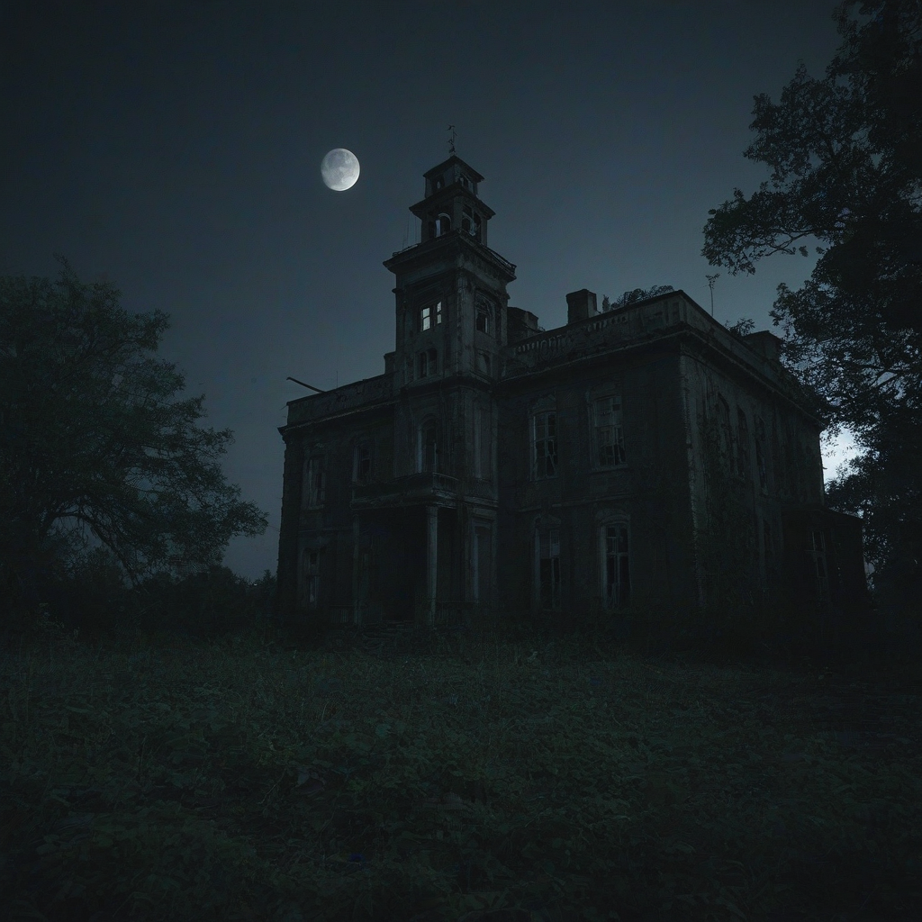 A dark and ominous abandoned asylum at night with a full moon, wide shot, with overgrown vegetation and broken windows, in a horror movie style, with a sense of foreboding and fear, full-body view, with feet visible