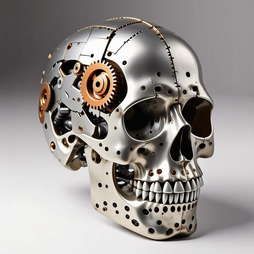 A mechanical skull made out of layered sheets of silver and copper and there are gears for the jaw joint and the teeth are made out of bolts