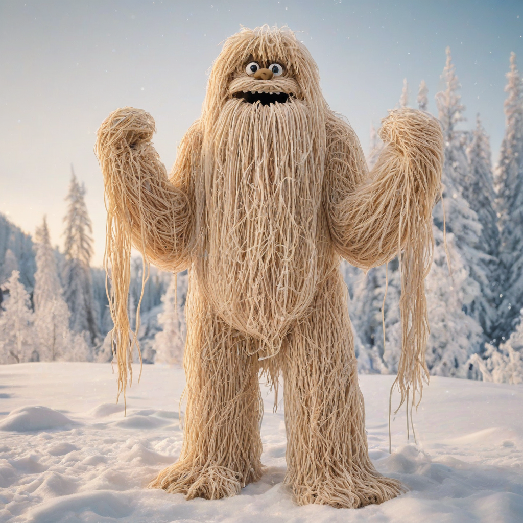 A yeti made entirely out of spaghetti, with long, tangled strands forming its shaggy fur, standing in a wide shot with its feet visible on a snowy background, with a warm and cozy lighting, in the style of a whimsical digital illustration