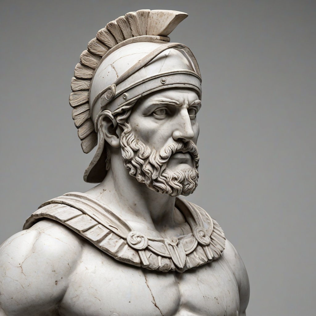 A marble bust of a Greek warrior, with a strong and determined expression, wearing a traditional Corinthian helmet and a laurel wreath, warrior looking straight at camera, set against a plain white background, in a realistic and highly detailed style, with a wide shot and full-body view of the bust, with the lighting focused on the subject and minimal shadows, on a plain white background, even lighting