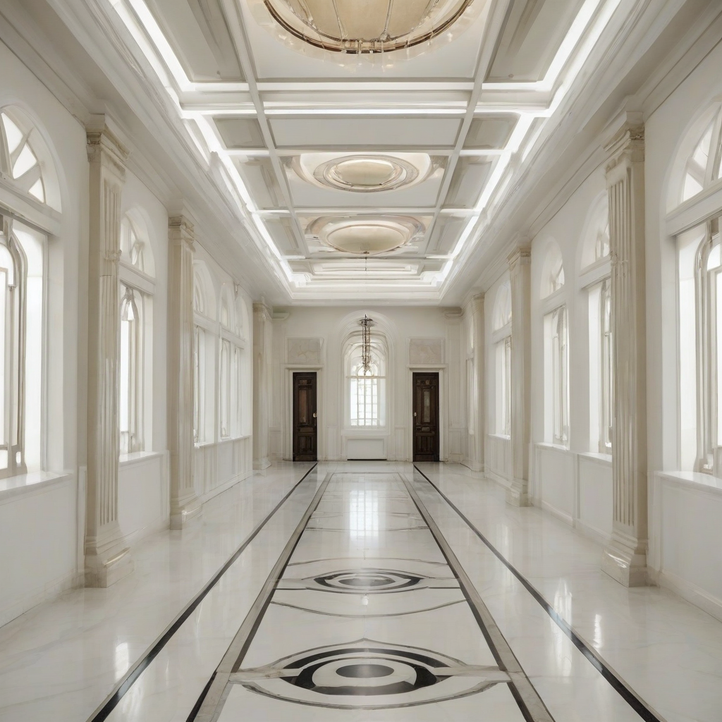 Art deco style interior design, wide shot, full-body view, on a plain white background