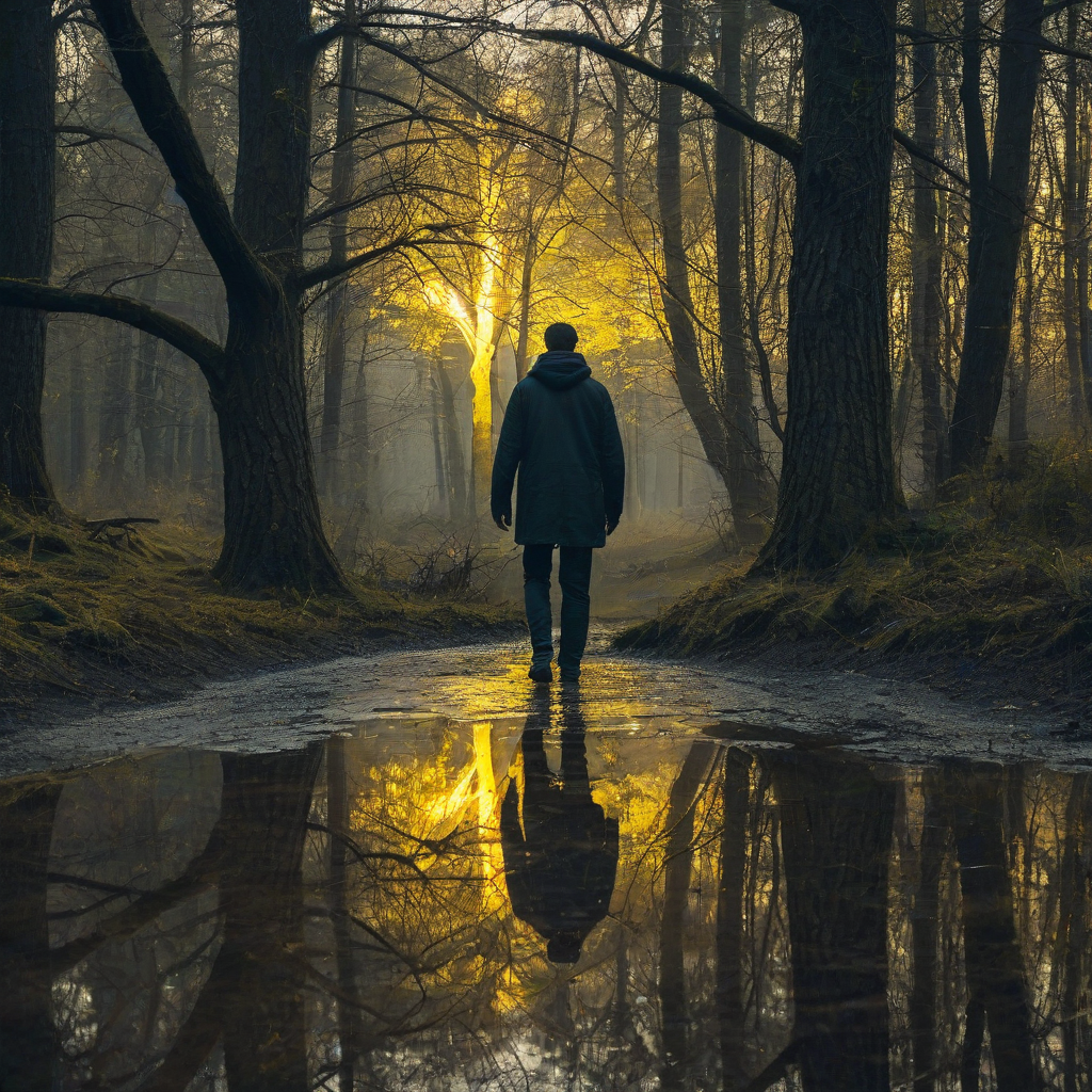 A man walking towards a mystical forest, on the ground behind him is a large puddle, his reflection is visible in the puddle, the reflection is glowing with a soft, ethereal yellow light while the man looks ordinary, with a hint of a mystical aura surrounding him
