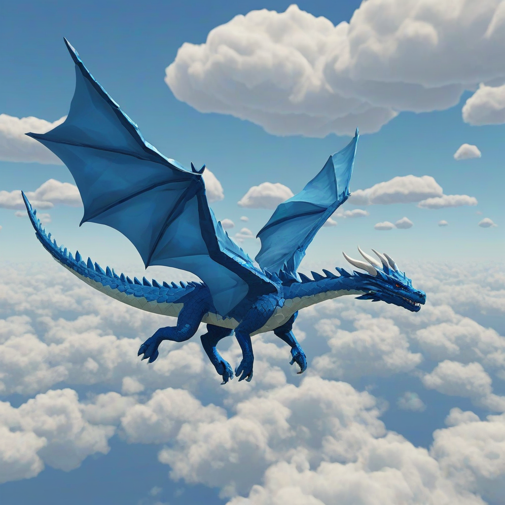 low poly of a blue dragon flying through the blue, open sky with a few fluffy white clouds