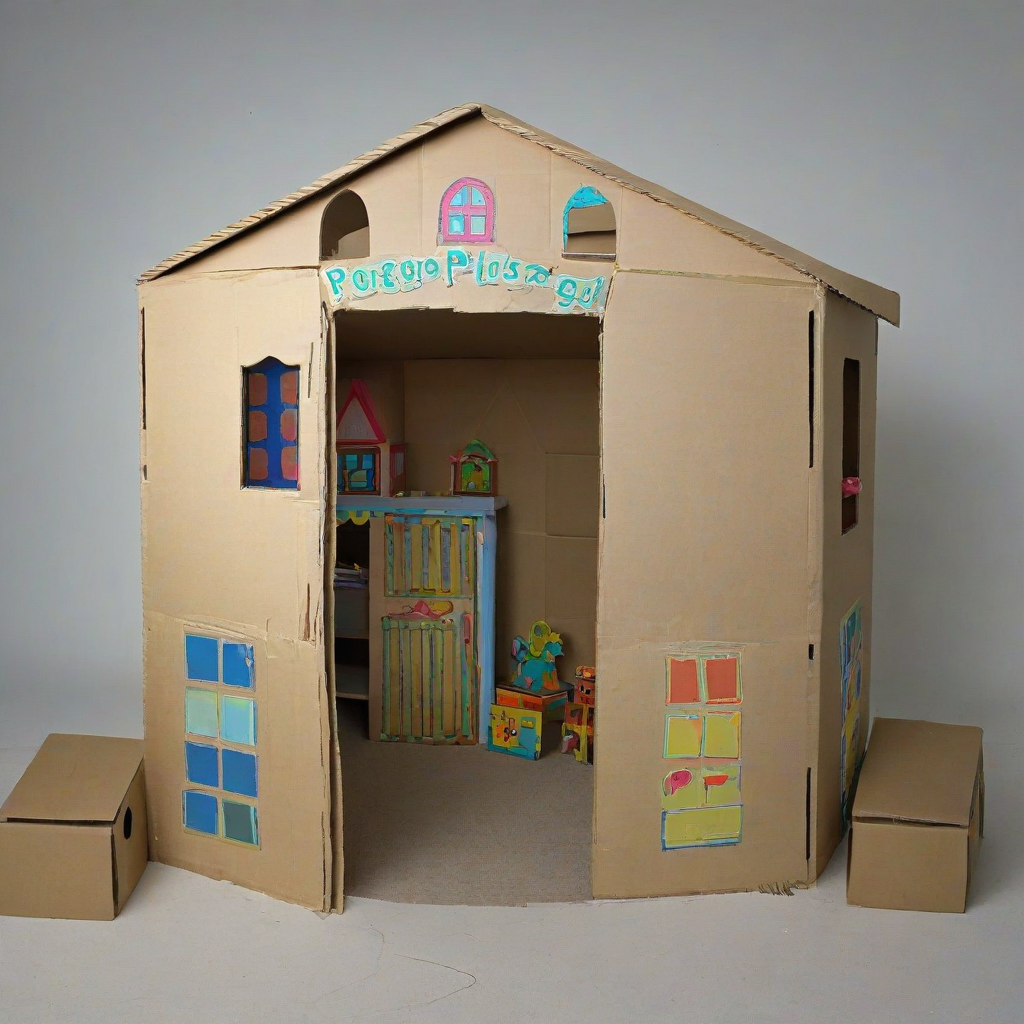 kid's playhouse made from cardboard boxes, on a plain white background, even lighting