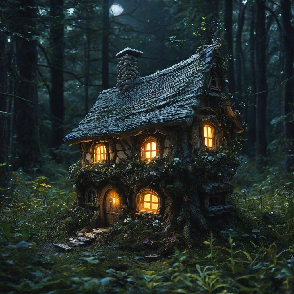 a realistic fairy house in the woods at night