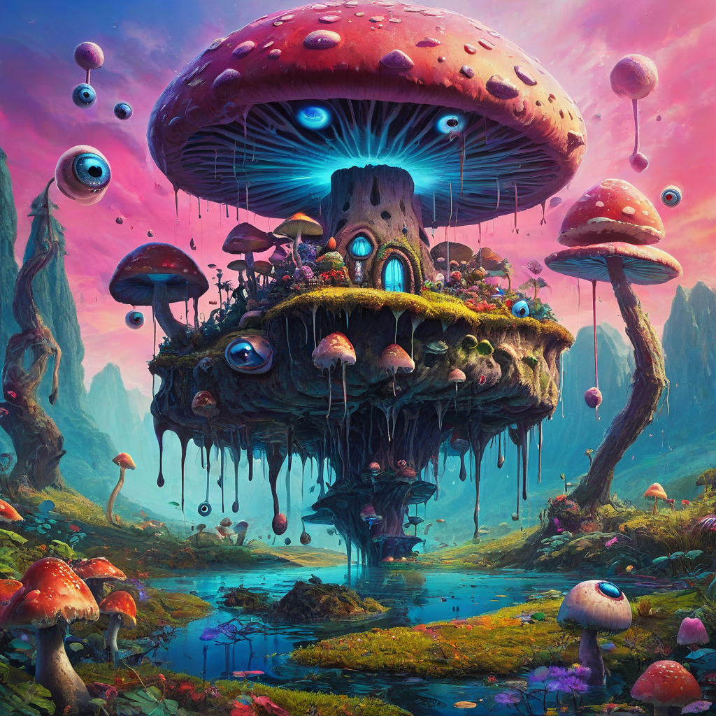 Gooey psychedelic surrealist scene, single floating island, giant mushrooms, floating eyeballs, glossy texture, dripping effect, vibrant colors