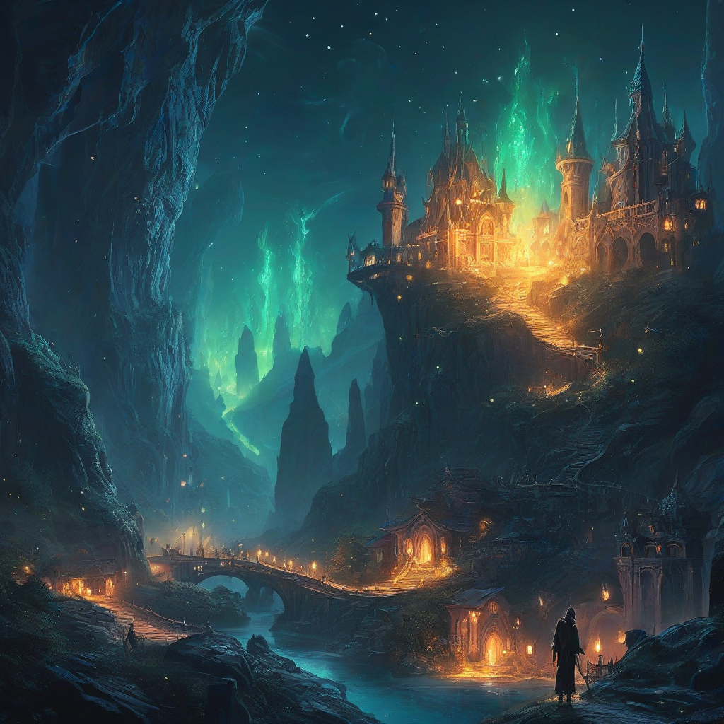Marc Simonetti style fantasy scene with glowing magic wisps at night