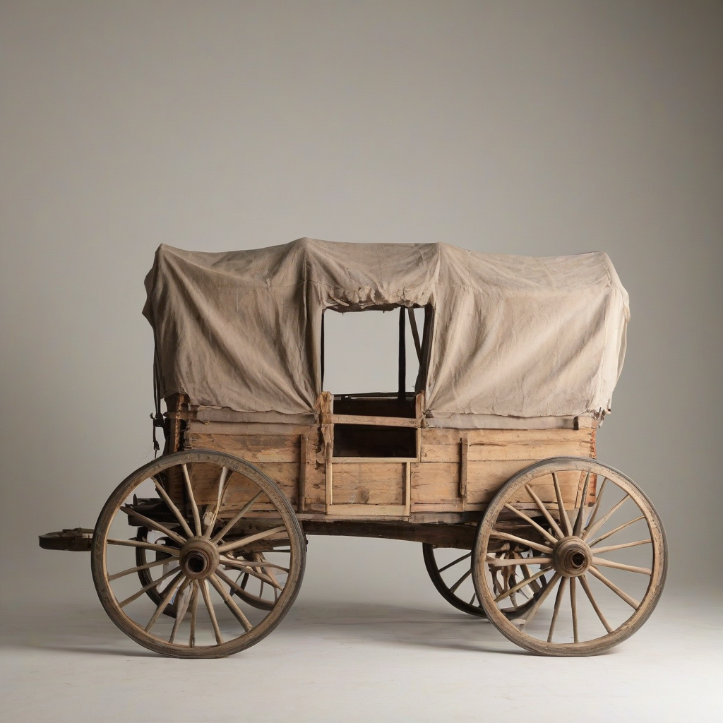 A old, worn, covered wagon with a wooden frame, canvas top with some rips in it, and four large wheels, in a full-body view, on a plain white background, with a warm, natural light and soft shadows, in the style of a vintage photograph, on a plain white background, even lighting, on a plain white background, even lighting, on a plain white background, even lighting 