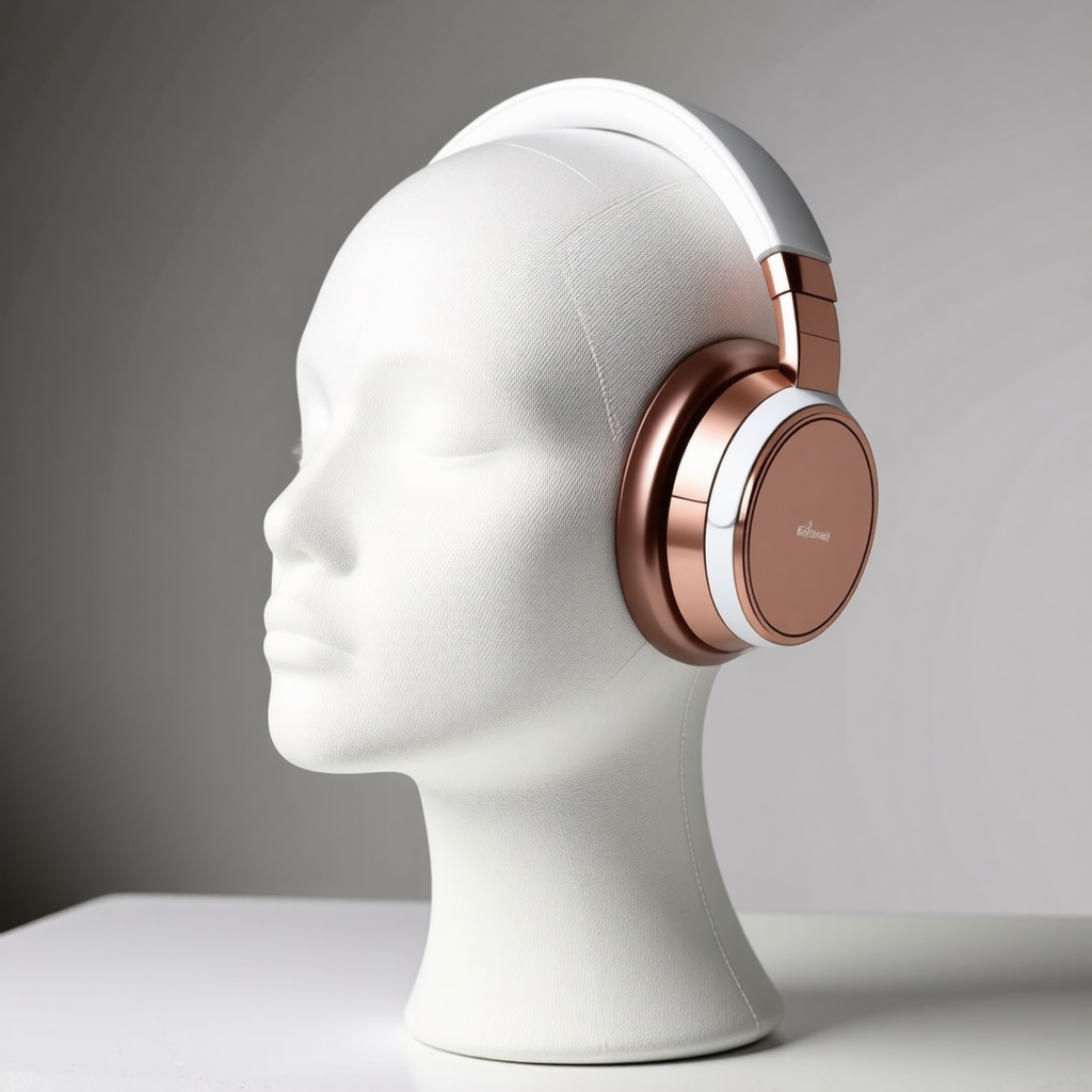 A pair of rose gold and white headphones on a beige cloth mannequin head