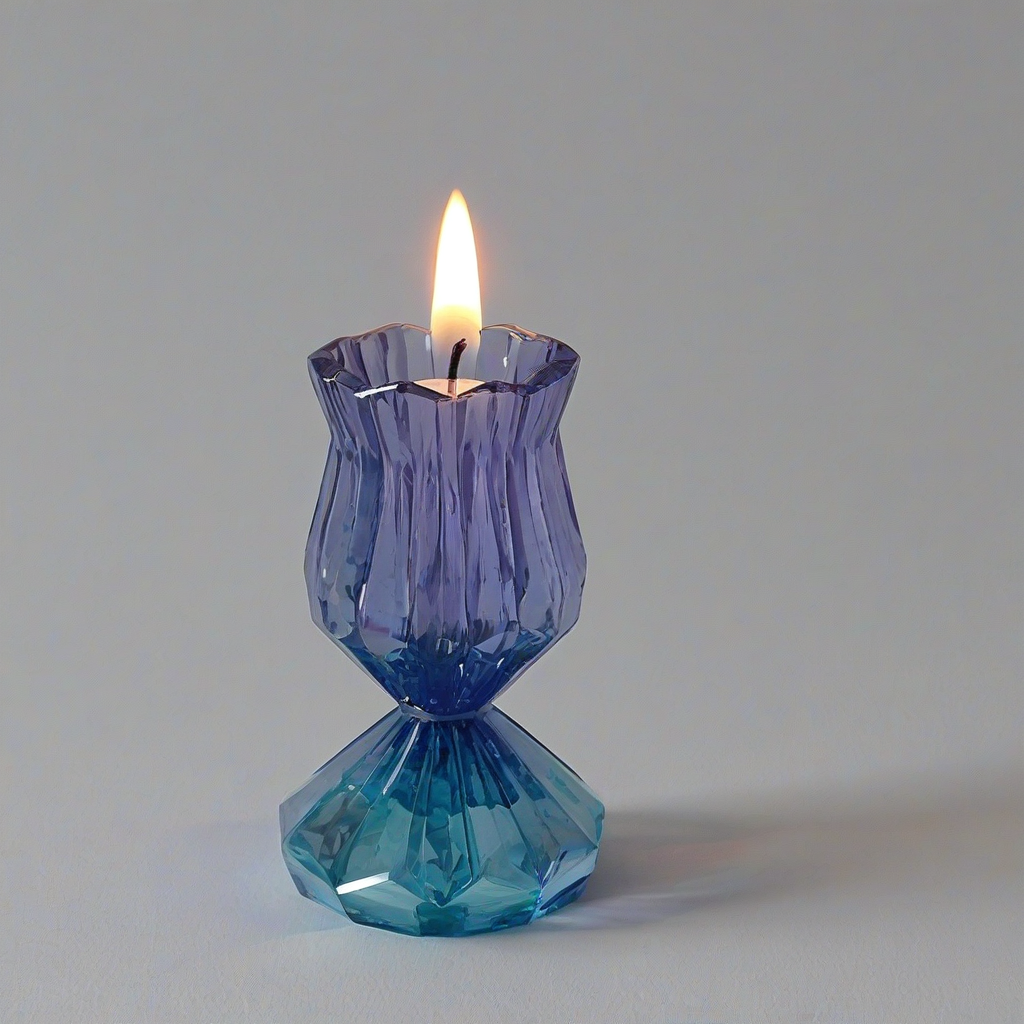 lavender blue colored, multi faceted style candle holder, on a plain white background, even lighting