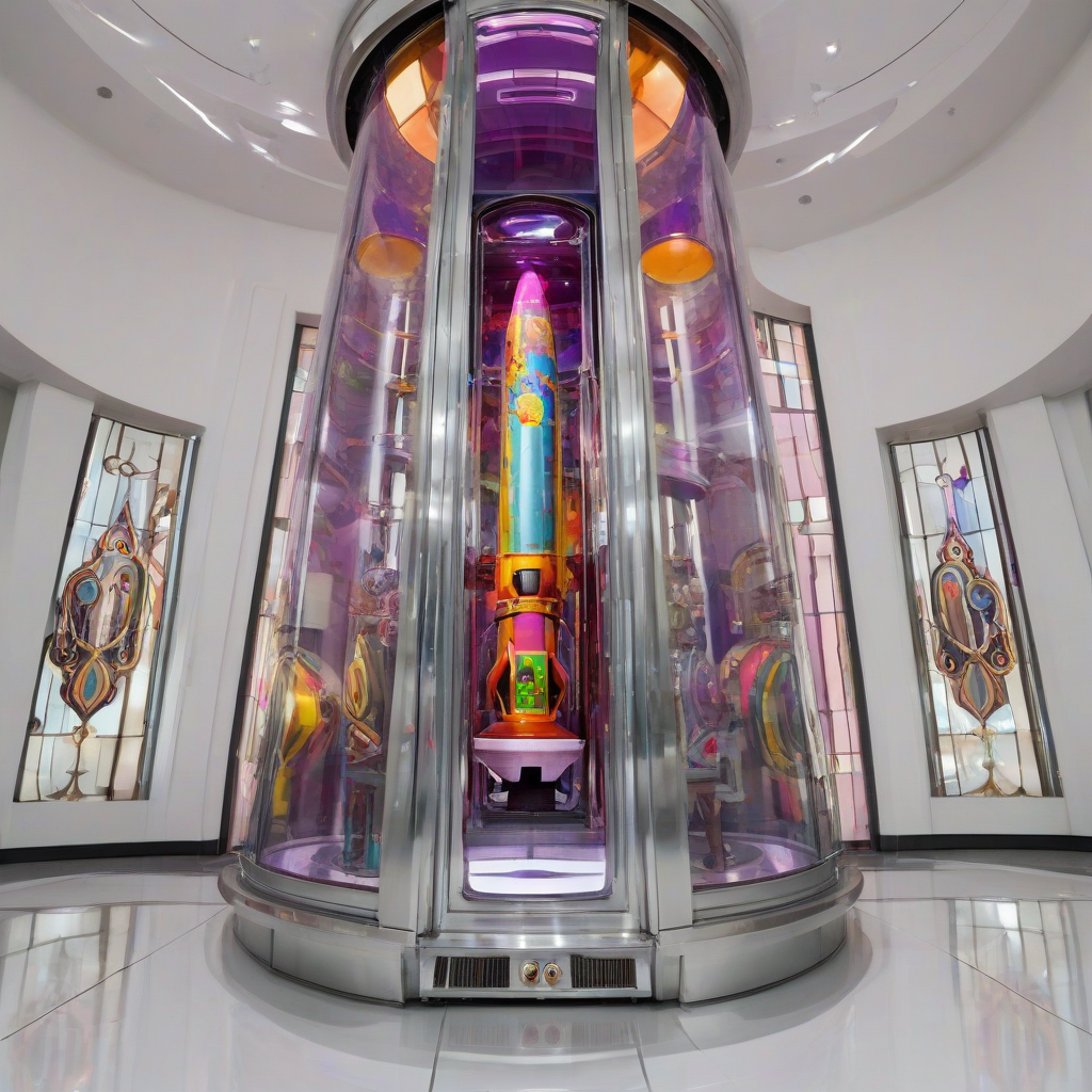 A detailed, full-body view of the glass elevator rocket from Willy Wonka and the Chocolate Factory, with a shiny and reflective surface, against a plain white background, in a wide shot with the elevator's doors open, showcasing its luxurious interior, in the style of a colorful and whimsical illustration, with bright and vibrant colors, and dynamic shadows, with the elevator's propulsion system visible at the bottom, on a plain white background, even lighting 