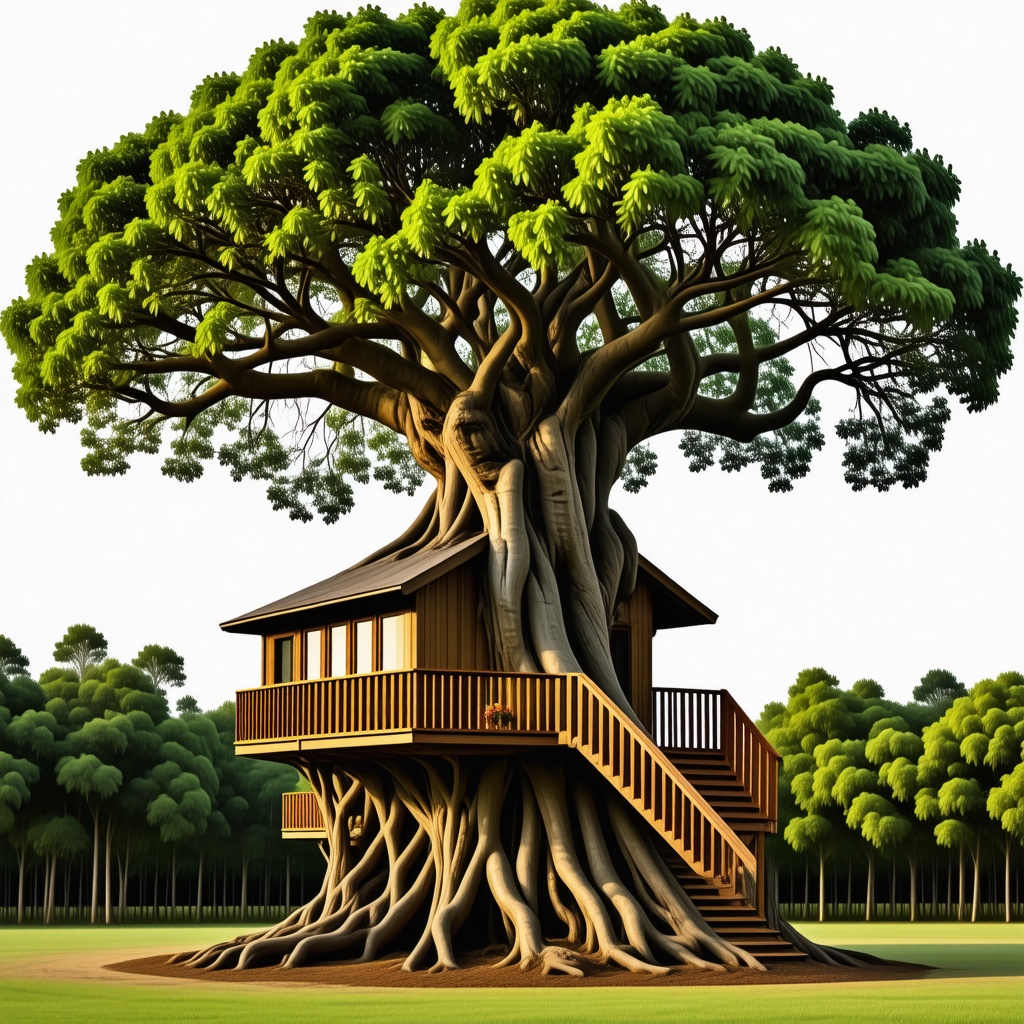 A large tree with a huge treehouse in it
