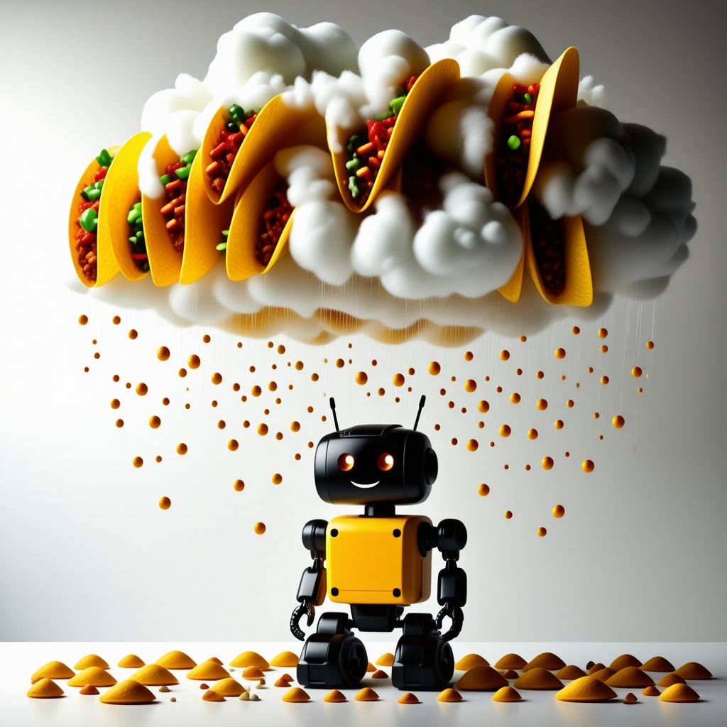 A large storm cloud raining down dozens of tiny tacos onto a small, happy robot
