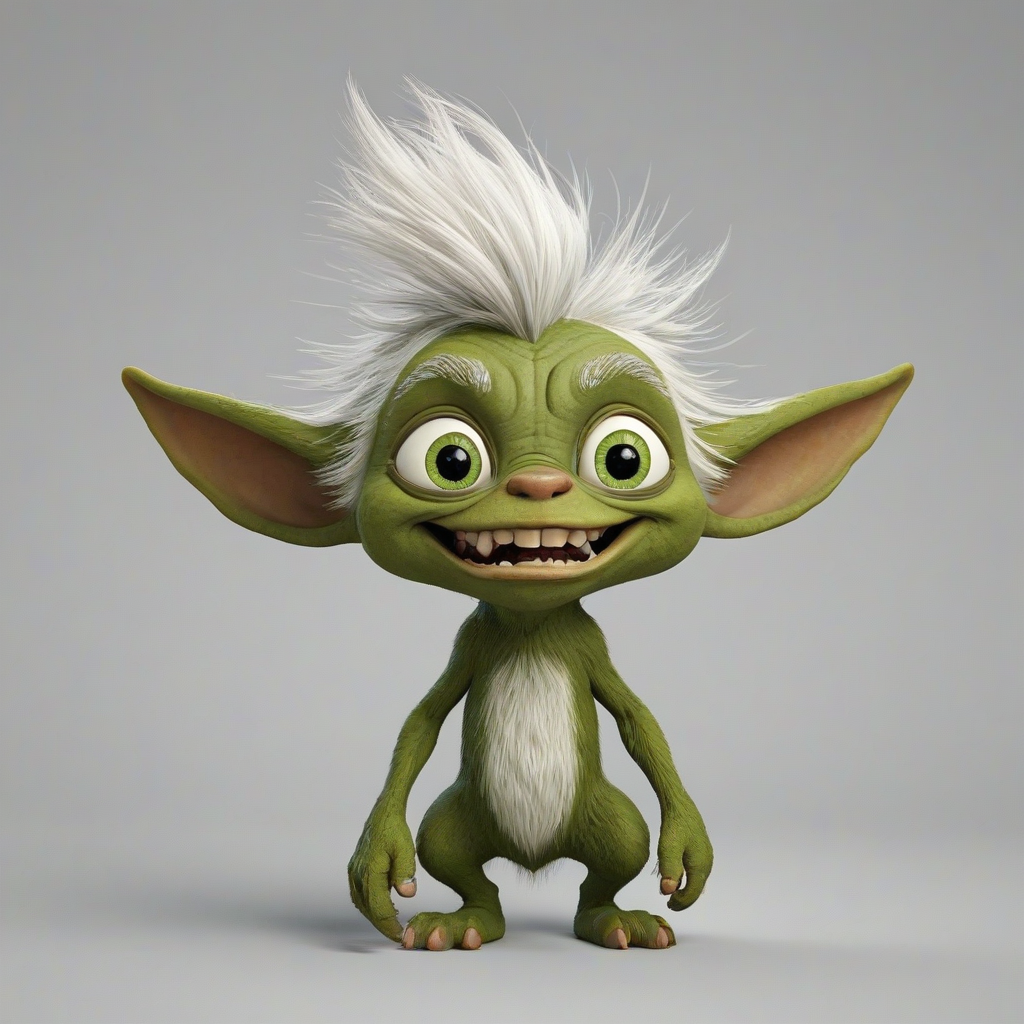An olive green colored, small, mischievous, gremlin with long pointy ears, a tuft of white hair on its head, showing his pointy teeth, and big, pointy ears, scaly skin, cartoon style, on a plain white background, even lighting