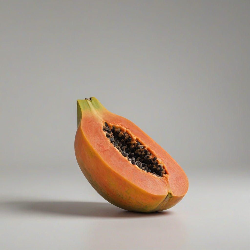 A fresh papaya cut in half, with the inside exposed, on a plain white background, full-body view, with a wide shot, and natural lighting, in a realistic and detailed style, with vibrant colors, on a plain white background, even lighting 