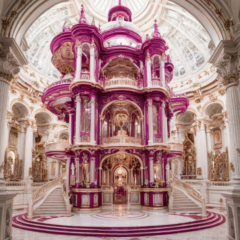 A majestic, magenta-colored space station with intricate, Baroque-inspired architecture, featuring sweeping curves and ornate details, set against a plain white background, in a wide shot with the entire station visible, including its elaborate docking bays and towering spires, with a sense of grandeur and opulence, in the style of a highly detailed, digital illustration
