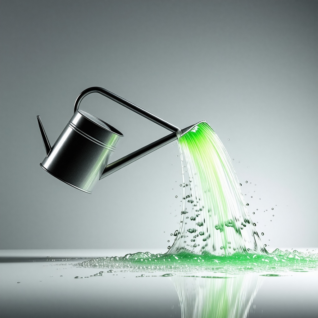 A metal watering can with a long spout, pouring bright green water out in a wide arc, against a plain white background, in a full-body view with the can's handle and feet visible, in a digital art style with bold lines and vibrant colors, with a shallow depth of field and a slight glow effect on the water