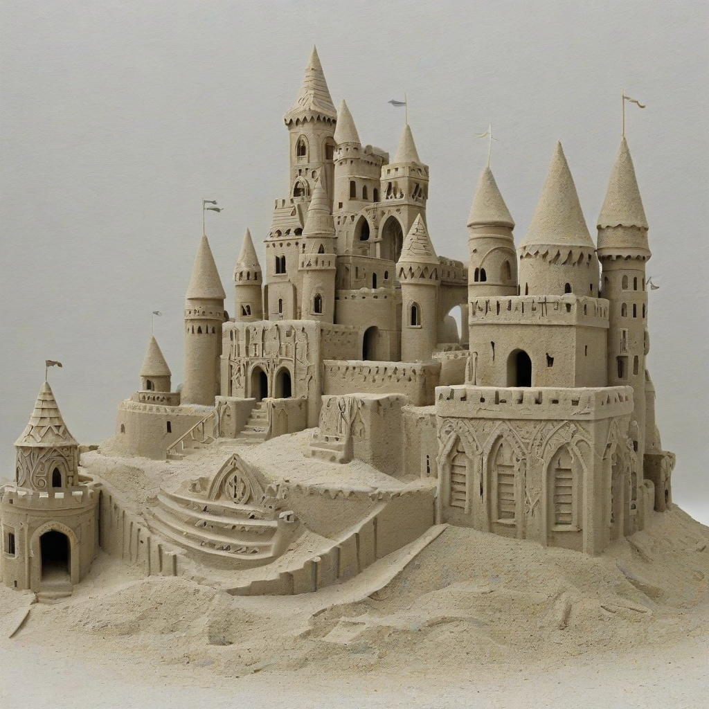 intricately designed medieval sand castle, on a plain white background, even lighting