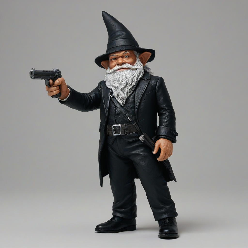 Gnome version of Samuel L. Jackson in a black suit, wearing a pointed hat, holding a pistol outstretched, on a plain white background with even lighting.