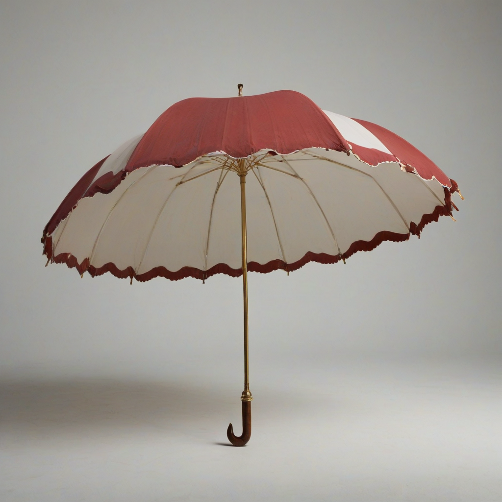 A full-body view of an antique red and white umbrella with scalloped edges, brass and wood handle, on a plain white background, with a wide shot and the umbrella's feet visible, in the style of a vintage illustration, with soft lighting and dynamic shadows, on a plain white background, even lighting 