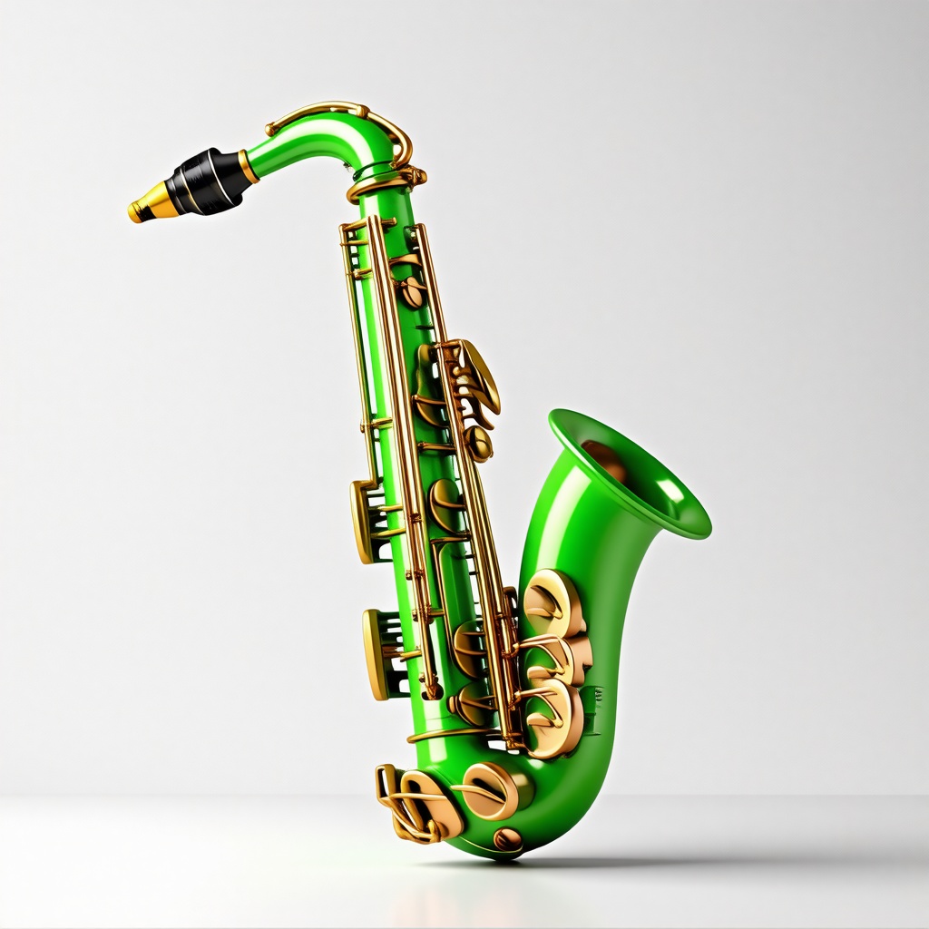 A full-body view of a bright green cartoon saxophone, with a wide shot and feet visible, on a plain white background, in a 3D art style with dynamic shadows and a hard rim light
