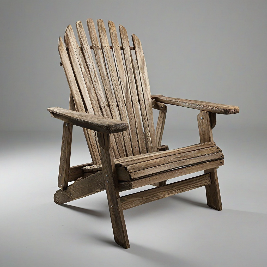 A rustic Adirondack chair with a wide seat and tall back, made of weathered wooden planks, in a natural wood tone, on a plain white background, full-body view, with the chair's legs and arms visible, in a warm and cozy style, reminiscent of a lakeside summer evening, on a plain white background, even lighting