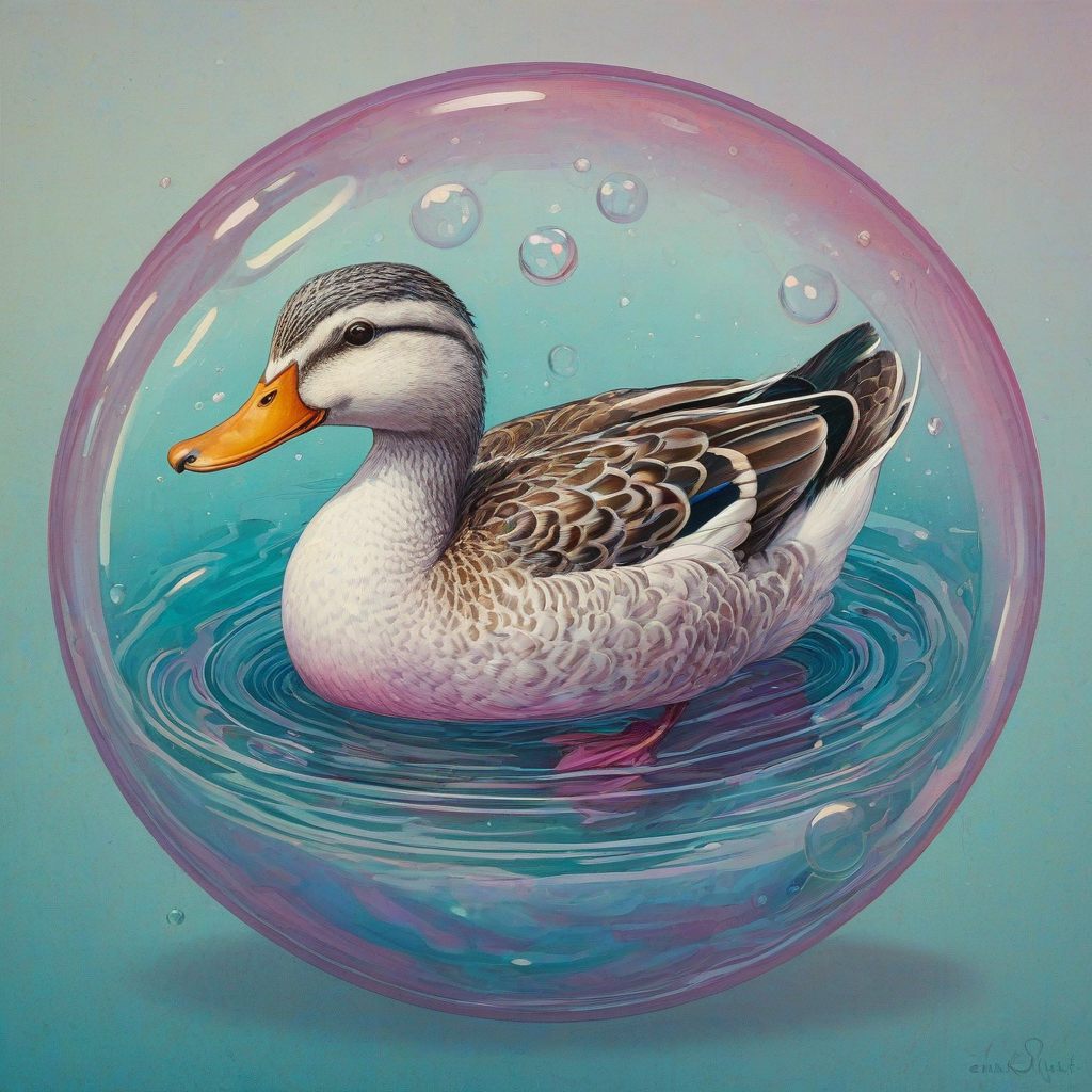 Sam Guay-inspired art of a duck in a vibrant iridescent bubble filled 1/4 with water, with a pink body, purple beak, and white feet floating on the water's surface, surrounded by a subtle gradient of blue and cyan hues toned down to a more pastel version.