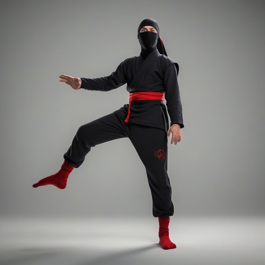 A colorful cartoon-style ninja with a big smile, wearing a black ninja suit and a red headband, standing in a wide shot with feet visible, on a plain white background, with dynamic shadows and a backlight, in the style of a digital illustration, on a plain white background, even lighting 