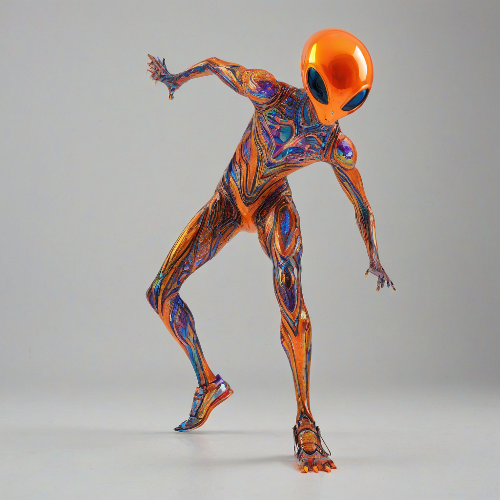 A vibrant, orange, alien creature with iridescent skin, standing in a full-body view, with a dynamic Afrofuturism style, set against a plain white background, with a wide-angle shot, and a sense of movement, as if it's about to jump into action, with a mix of digital art and 3D elements, and a bold, neon-lit cityscape in the background, with a focus on the alien's intricate, swirling patterns and textures, on a plain white background, even lighting 