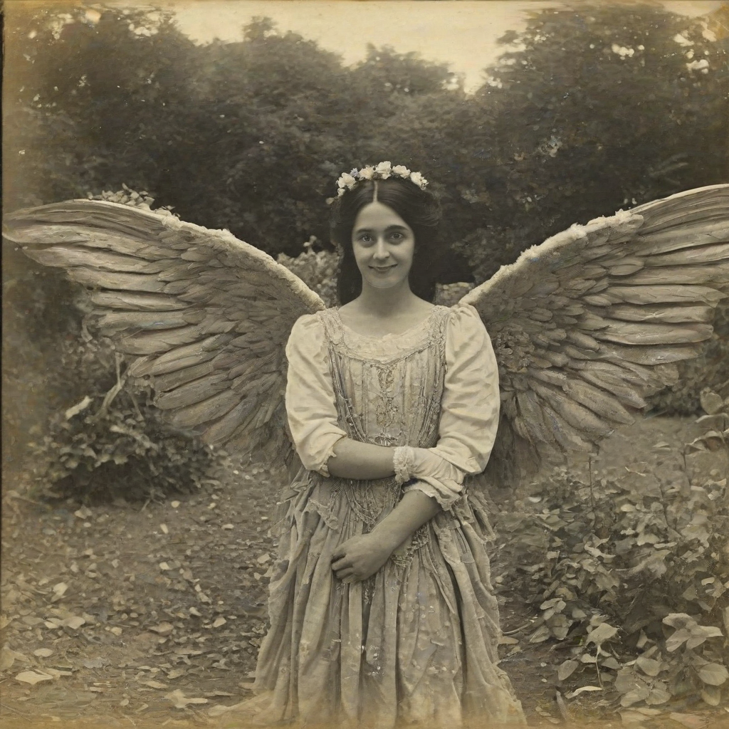 An old and distorted photograph of a woman with silky black hair and large eyes and large realistic angel wings growing from her back, she is smiling slightly as she poses for the photograph, the quality of the image is grainy and some parts of the image have black spots from damage, the background is a peaceful garden, the woman is wearing Victorian era clothing