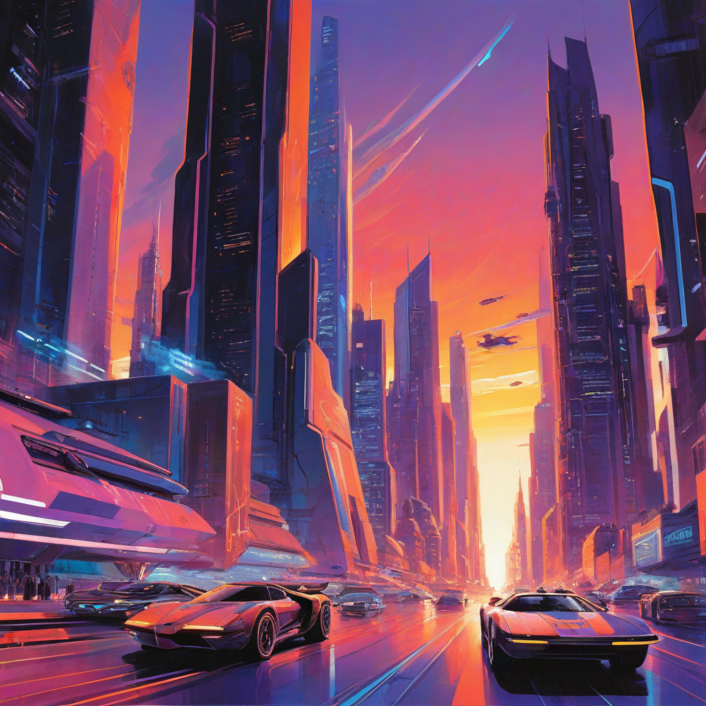 A vibrant, abstract painting of a futuristic cityscape at sunset, with sleek skyscrapers and flying cars, in the style of Syd Mead, with bold brushstrokes and neon colors, full-body view, wide shot, feet visible, on a plain white background
