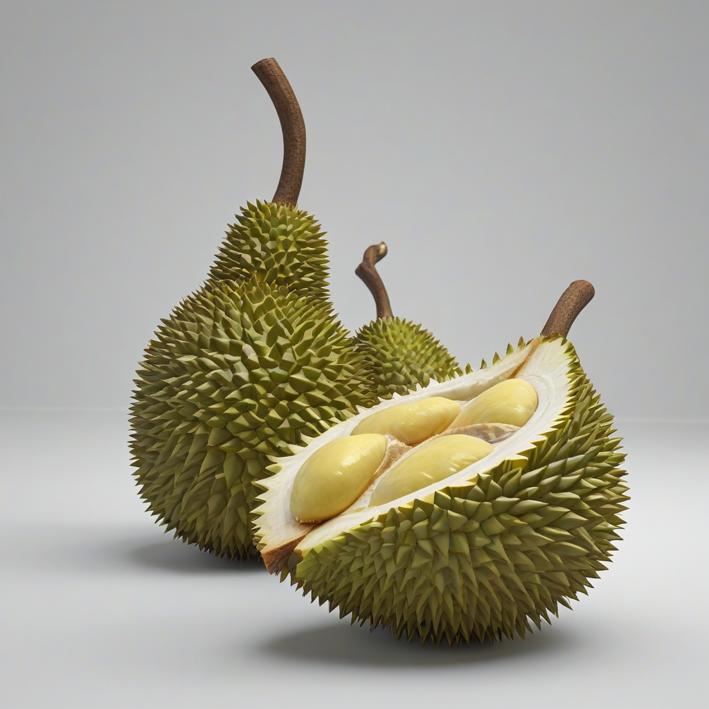 3d cartoon style durian fruit, cut open exposing the inner fruit, on a plain white background, even lighting