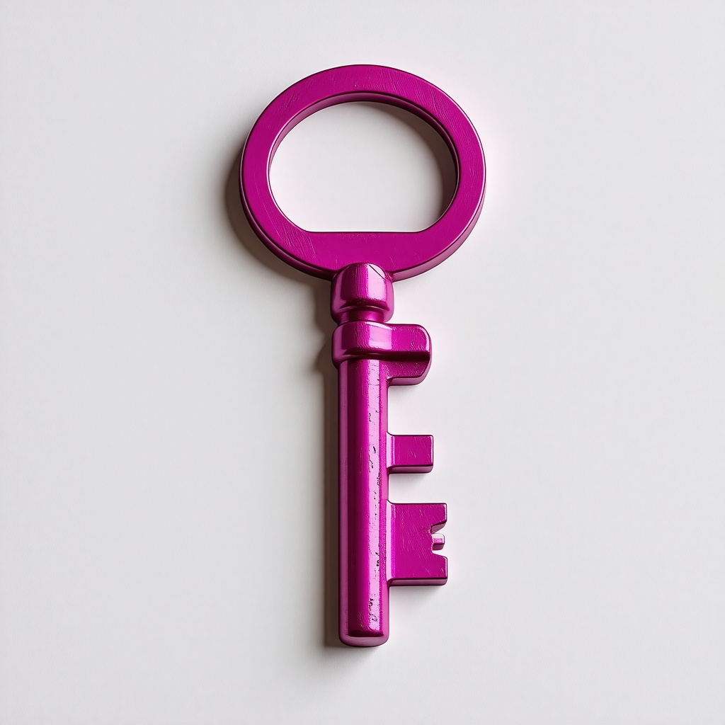 A large, magenta key, in a brutalist style, with clean lines and geometric shapes, on a plain white background, in a wide shot with the key centered, with a focus on the key's texture and details, in a digital art style