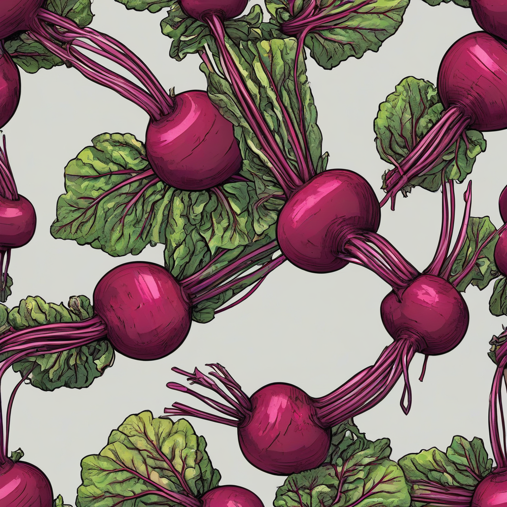 A colorful group of beets in a cartoon style, with bold lines, vibrant colors, and exaggerated features, placed in the center of a plain white background, full-body view, with the beets visible from top to bottom, in a single bunch, on a plain white background, even lighting 