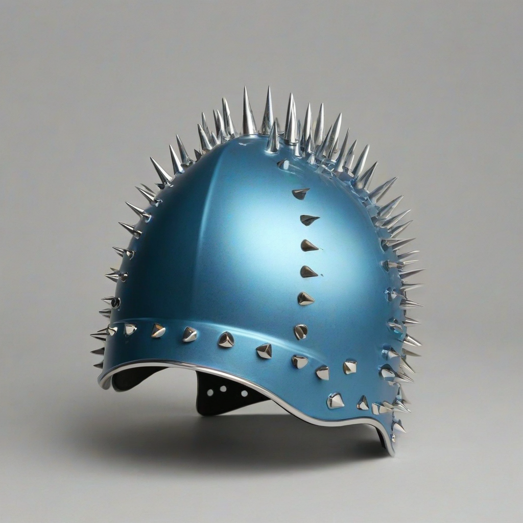 half shelled metallic blue helmet with silver metallic studs and spikes, on a plain white background, even lighting