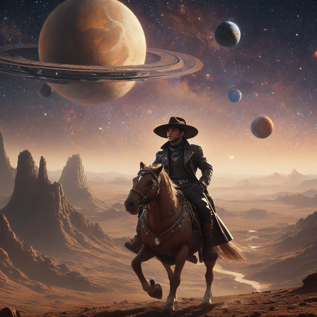 A lone space cowboy, dressed in a worn leather duster coat and wide-brimmed hat, rides a futuristic hoverhorse through the vast expanse of space, surrounded by a multitude of vibrant planets, each with its own unique atmosphere and landscape, set against a backdrop of stars and galaxies, with a warm, golden light illuminating the scene, in a wide-angle shot, with a sense of depth and scale, on a plain white background, full-body view of the space cowboy and hoverhorse, with planets visible in the distance