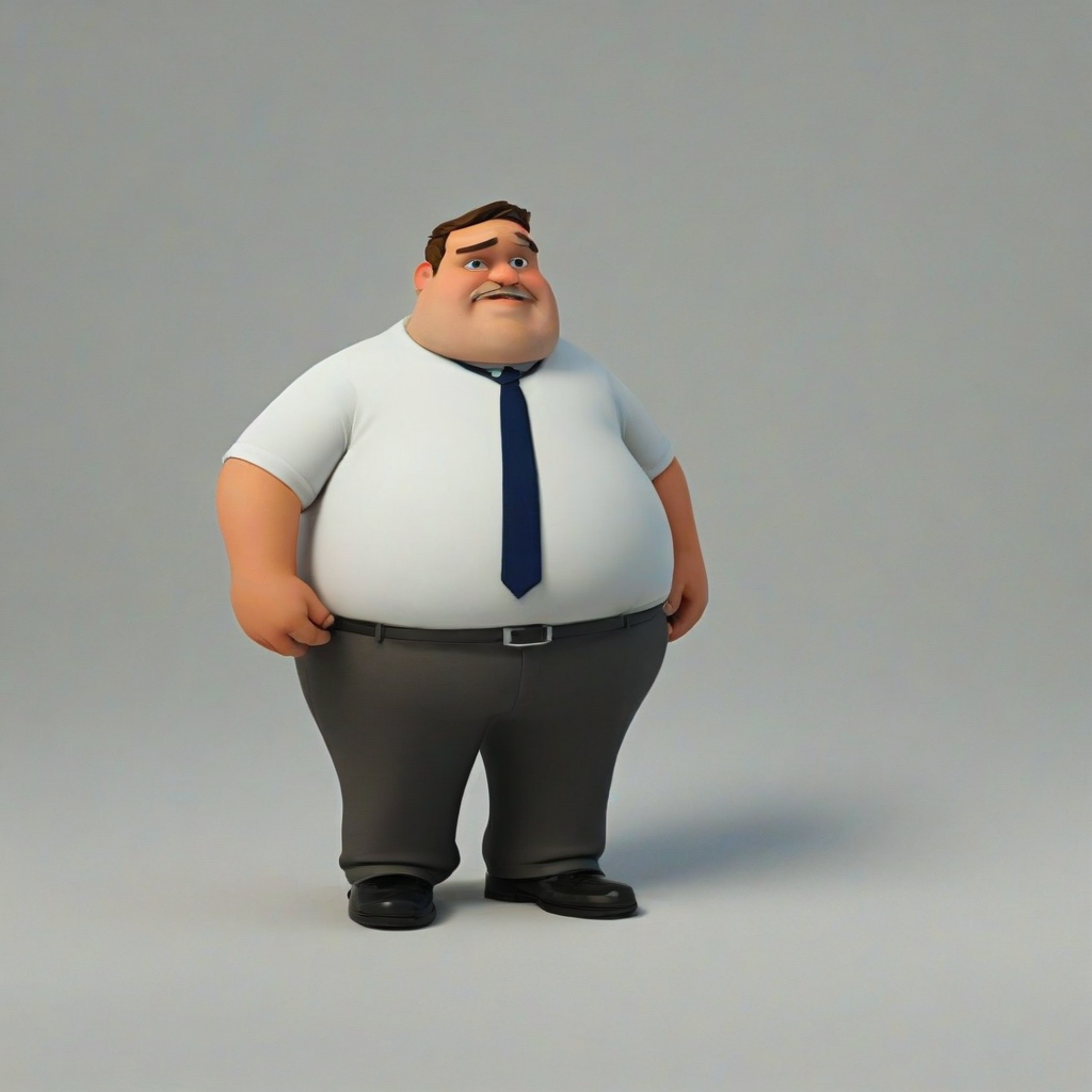 3d cartoon animation short, overweight, sloppy, male office worker, on a plain white background, even lighting