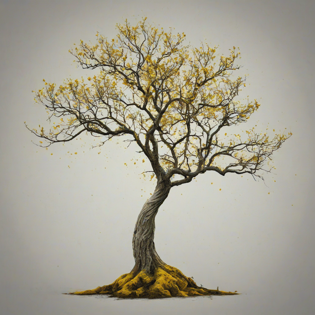 Enchanted tree, mustard, grunge, full-body view, plain white background, digital art, on a plain white background, even lighting 