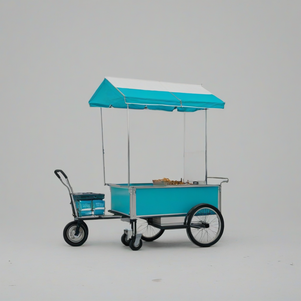 A street vendor, with a cyan colored cart, in a minimalist setting, wide shot, with the vendor's feet visible, on a plain white background, in a digital art style, with simple lines and shapes, and a focus on negative space, on a plain white background, even lighting 